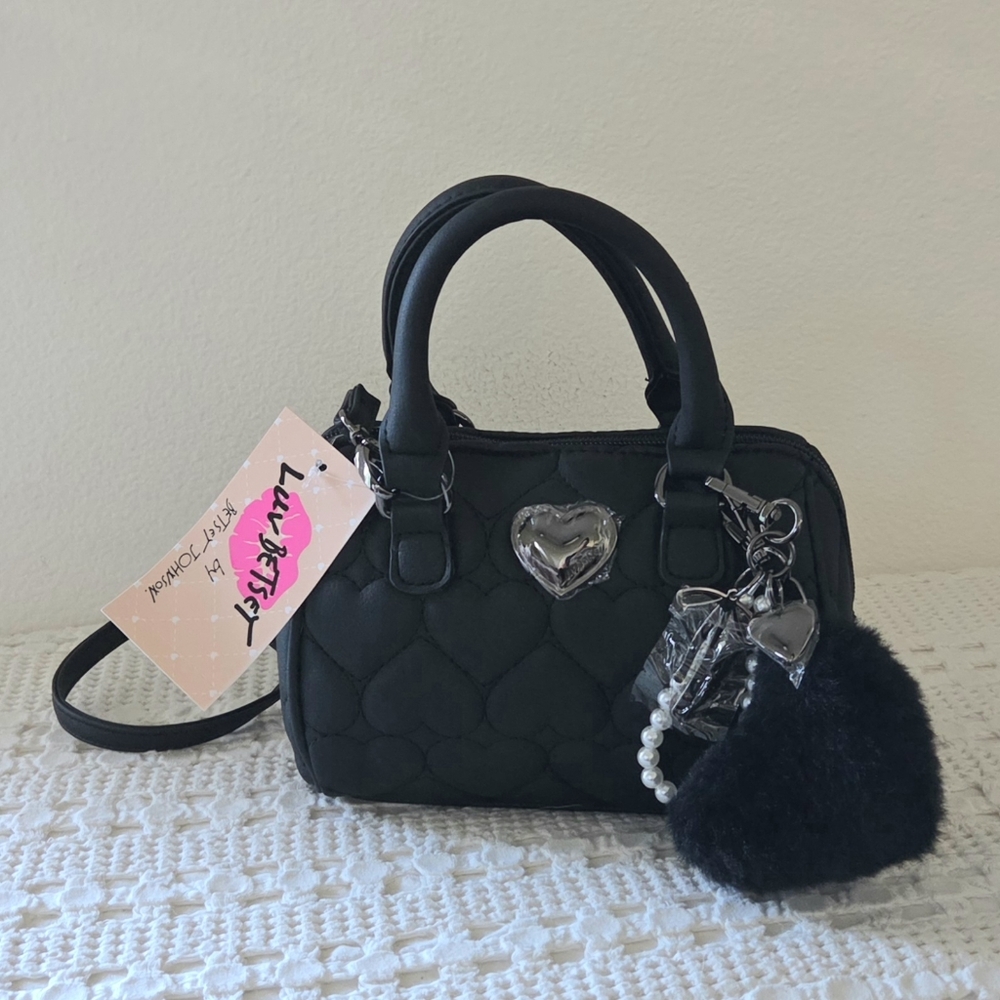 Luv Betsy By Betsy Johnson Black Heart Quilted Barrel Satchel Crossbody Bag